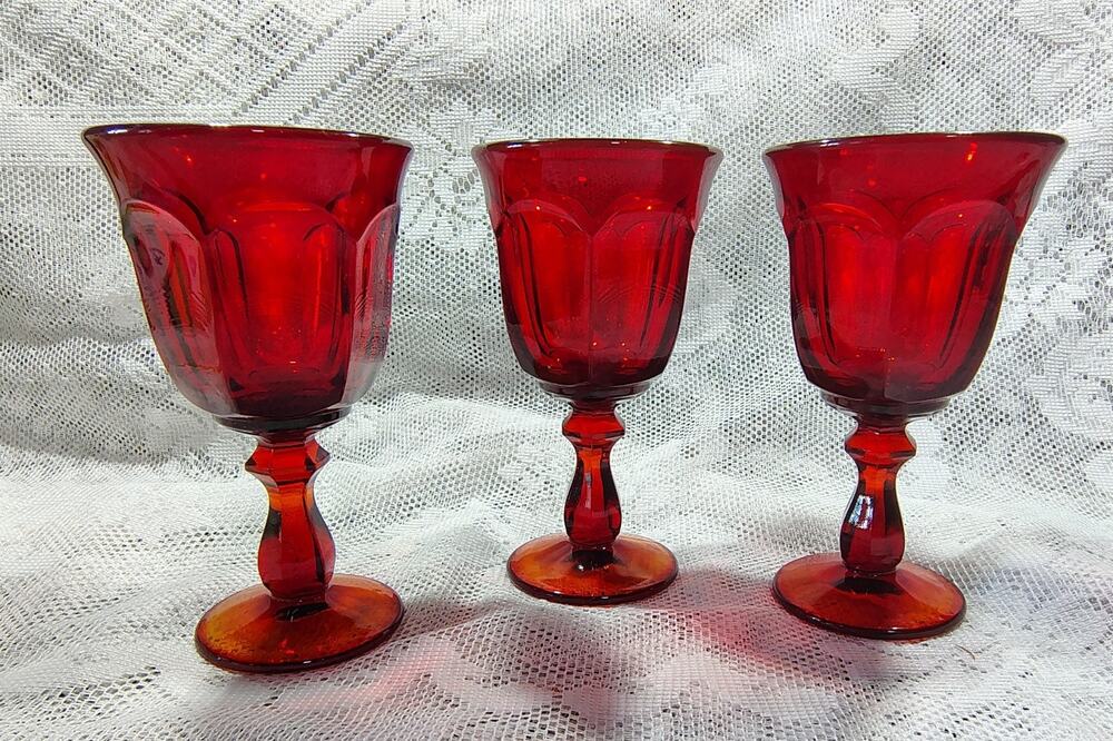Set of 3 Vtg Jamestown by Fostoria, Wine, Juice, Red Footed Glass, UV Reactive